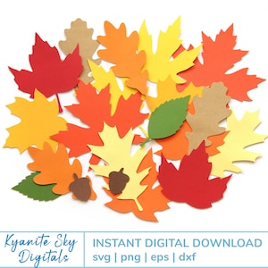 May include: A collection of fall leaves in various shades of red, orange, yellow, and brown. The leaves are arranged in a circle on a white background.  The leaves are cut out of paper and have a slightly textured surface.