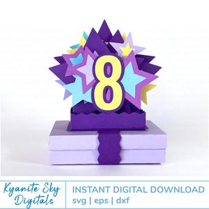 Boîte cadeau SVG n'importe quel nombre avec décoration 3D, étoiles violettes numéro personnalisé décoration de fête d'anniversaire fichiers 3D coupés pour cricut