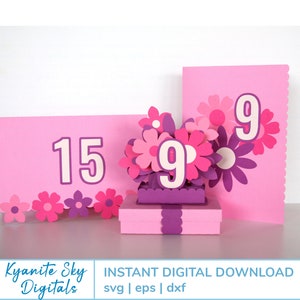 SVG Bundle Birthday Gift Card Holder and Matching Cards, customize with any number, small gift box with flower decoration, DIY party decor