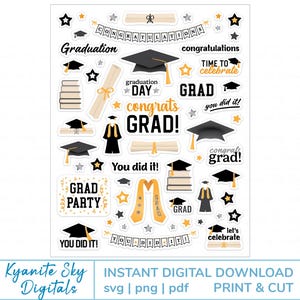 May include: A collection of graduation-themed stickers with black mortarboards, diplomas, stars, and text like "Graduation," "Congrats Grad!" and "Grad Party." The stickers are in black, gold, and white.