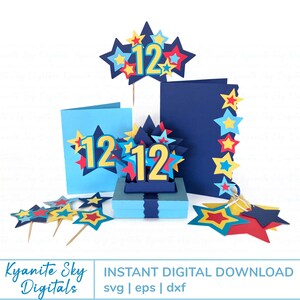 May include: A collection of colorful paper cutouts in the shape of stars and the number 12. The color scheme includes blue, yellow, red, and white. The design is suitable for a birthday celebration.