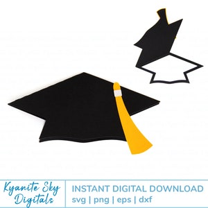 May include: Black graduation cap with a yellow tassel. The cap is in a flat, 2D style, suitable for cutting and crafting.