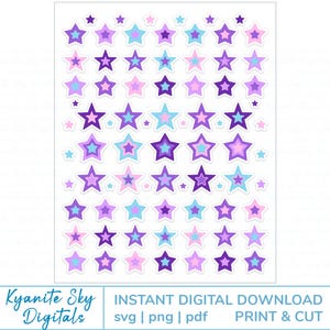 May include: A collection of star-shaped stickers in various sizes and shades of purple, blue, and pink. The stickers are arranged on a white background. The text "Kyanite Sky Digitals" and "INSTANT DIGITAL DOWNLOAD" are visible.