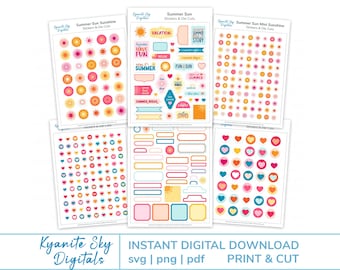 Sommer Print And Cut Sticker Bundle, Sonnenschein SVG PNG Dateien für Cricut & Silhouette, PDF zum Ausdrucken, Planer Aufkleber, digitaler Download