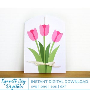 Tulp Gatefold Card SVG gesneden bestanden tulpen lente kaart bloemen poort vouw kaart 5 x 7 inch kaart svg voor cricut drie bloemen tulpenboeket png-bestand