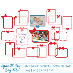 Bow 5x7&quot; Frames SVG bundle, for invitation photo frame sign poster border, cute bow ribbon border frame cut files PNG clipart sublimation