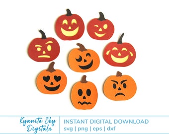 Jack-O-Lantern SVG bundle of 8 small silly faces, funny Halloween pumpkin svg, Halloween party favor, Halloween card, Cricut cut file, PNG