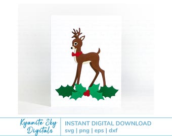 Christmas Card SVG File, holiday retro style deer with holly, A2 size layered paper cut files for cricut, instant digital download