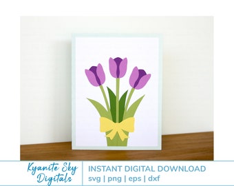 Flower Card SVG, tulip bouquet, spring gift, floral blossom greeting card, layered paper cut files for cricut & silhouette, digital download