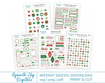 Christmas Print And Cut Sticker Bundle, SVG PNG, planner labels, die cut files for cricut & silhouette, PDF printable, digital download