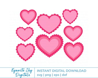 Paquete SVG con forma de corazón, corazones con borde festoneado para San Valentín, archivo de corte de papel en capas, clipart PNG, descarga digital instantánea