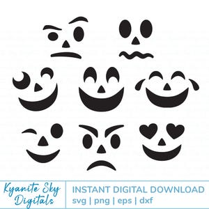 May include: Black and white digital download featuring various pumpkin face designs. The collection includes a range of expressions, from smiling and winking to angry and loving. The text "Kyanite Sky Digitals" and "INSTANT DIGITAL DOWNLOAD" are also present.