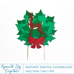 May include: A Christmas-themed cake topper featuring a brown reindeer with a red scarf, standing in front of a green holly wreath and a red bow. The words "Instant Digital Download" are visible.