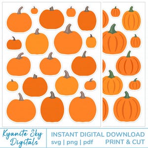 May include: Two sheets of orange pumpkin stickers in various sizes. The pumpkins have brown or green stems and are set against a white background. The text "Kyanite Sky Digitals" and "Instant Digital Download" are visible.