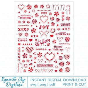 Könnte beinhalten: Ein Bogen mit rot-weißen Pfefferminz-Aufklebern mit verschiedenen Designs, darunter Herzen, Zuckerstangen und Texten wie "Joy" und "Happy Holidays". Die Aufkleber sind zum Drucken und Schneiden bestimmt.
