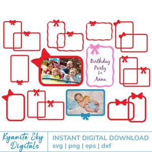 Bow 4x6&quot; Frames SVG bundle, for invitation photo frame sign poster border, cute bow ribbon border frame cut files PNG clipart sublimation