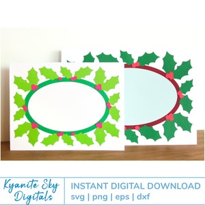 Julkort SVG, oval ram med julgranskulor, järnekkant, design i A2- och A7-storlek, lagerklippta pappersfiler för Cricut, digital nedladdning