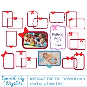 Bow 4x6&quot; 2-layer Frames SVG bundle, for invitation photo frame sign poster, cute bow ribbon border frame cut files PNG clipart sublimation