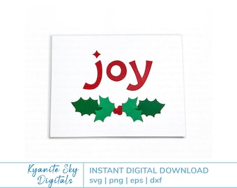Christmas Card SVG File, Joy greeting with holly, A2 size layered paper cut files for cricut & silhouette, PNG, instant digital download