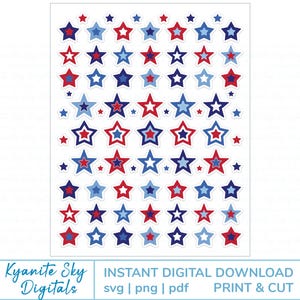 Pegatinas digitales SVG PNG para imprimir y luego cortar con estrellas patrióticas en rojo, blanco y azul del 4 de julio, troqueladas para Cricut o Silhouette, además de archivos clipart