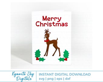 Christmas Card SVG File, retro style deer with holly, Merry Christmas sentiment, A7 layered paper cut files for cricut, digital download