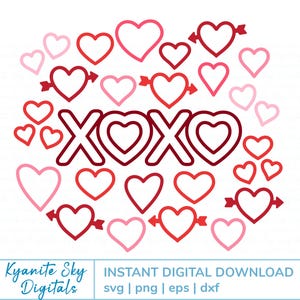 Lot XOXO coeurs SVG, fichiers coupés contour en forme de coeur, coeur avec flèche, câlins bisous, fichiers de sublimation PNG amour mariage Saint-Valentin