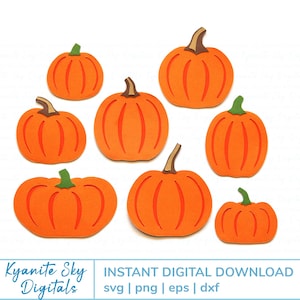 May include: Set of eight orange pumpkins with green stems. The pumpkins are in various sizes and shapes. The pumpkins are isolated on a white background.