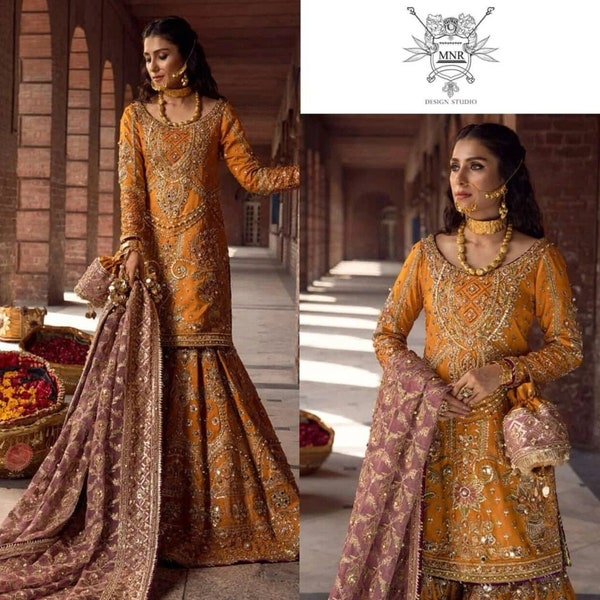 Pakistani Dresses Wedding Mehndi Clothes Gharara Style bridal Indian dress Eid Party Suit Salwar Kameez 2023 Orange gold stitched Outfit