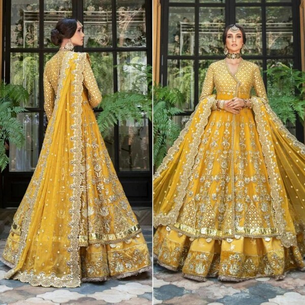 Latest Pakistani Indian Wedding Dresses Embroidery Clothes Mehndi bridal Gown lehenga angrakha Eid Suit Salwar Kameez 2023 Yellow Stitched