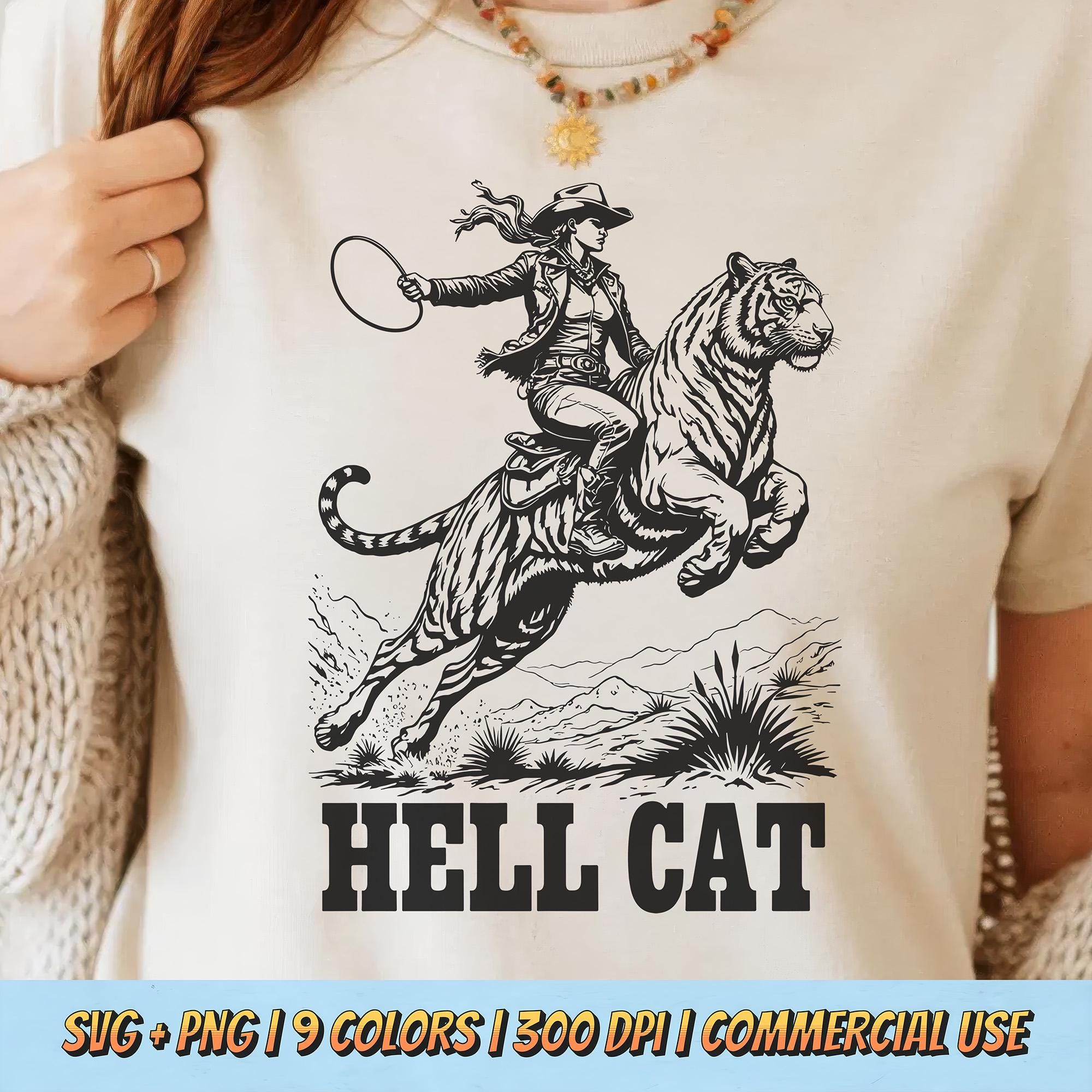 Hell Cat Tiger Rider SVG - Vintage Cowgirl PNG, Tiger Animal Lover