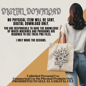 May include: A beige tote bag featuring a black floral design with the text "CHINGA LA MIGRA" on a banner. The bag is held by a person. The image also contains the text "DIGITAL DOWNLOAD" and usage terms.
