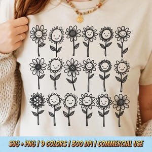 May include: A white t-shirt with a black design of 18 smiling sunflowers. The sunflowers are arranged in three rows of six. The text "SVG + PNG | 9 COLORS | 300 DPI | COMMERCIAL USE" is at the bottom of the shirt.