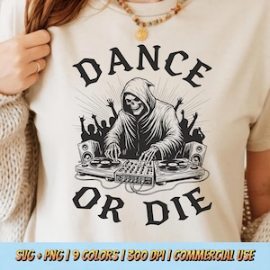 May include: Cream-coloured t-shirt with a black and white graphic of a Grim Reaper DJing, with the words "DANCE OR DIE". The design includes turntables, speakers, and dancing silhouettes. A casual wear item.