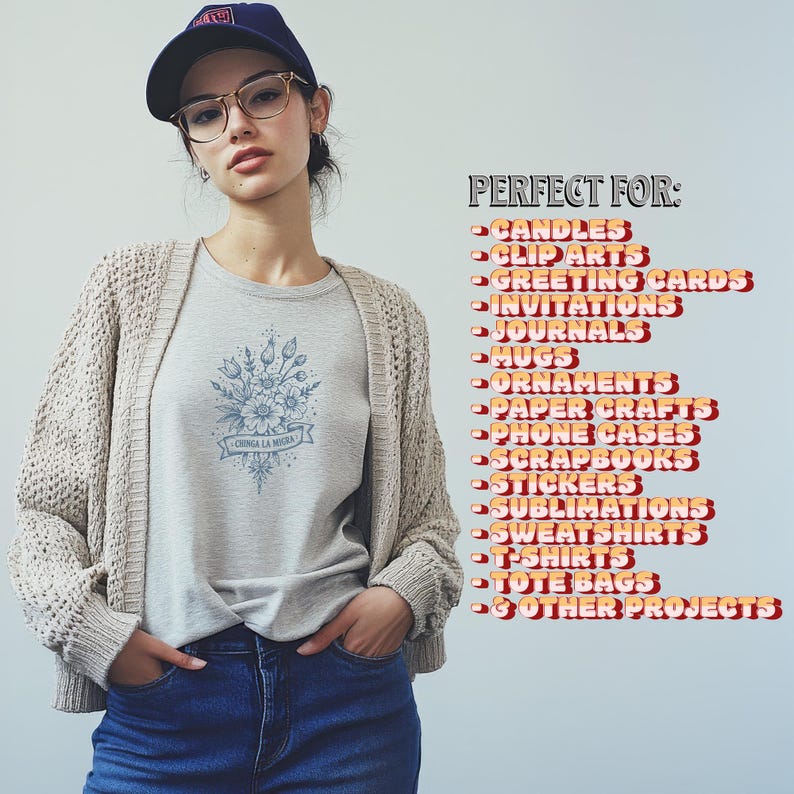 May include: A woman wearing a light gray t-shirt with a blue floral design and the text "CHINGA LA MAGIA". The image also includes a list of items such as candles, clip art, greeting cards, journals, mugs, ornaments, paper crafts, phone cases, scrapbooks, stickers, sweatshirts, t-shirts, tote bags, and other projects.