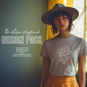 May include: A woman wearing a gray t-shirt with a floral design and the text "CHINGA LA MIGRA". The image also includes the text "the artisan playground DESIGN PACK". The design pack includes transparent PNG files, high resolution, and is print on demand ready.