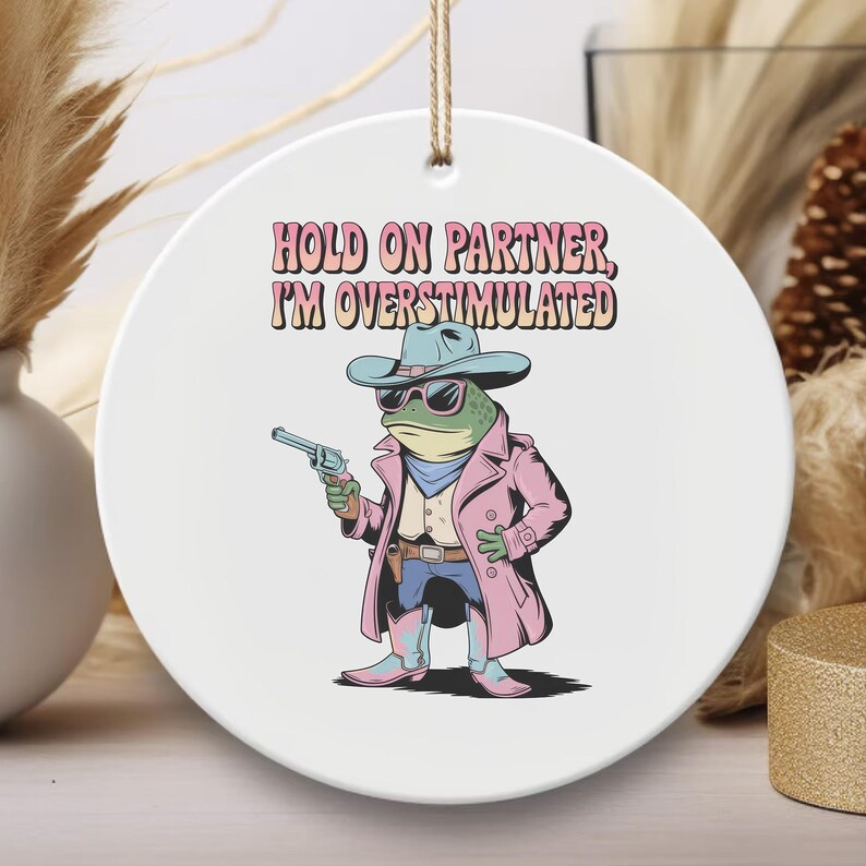 Hold On Partner I'm Overstimulated Funny Hat Humor Frog Vintage Cowboy Mesh Cap Trucker Hat