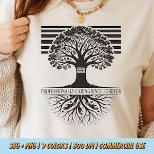 May include: Beige t-shirt featuring a black tree design with the words "SOCIAL WORKER" and "PROFESSIONALLY CARING SINCE FOREVER". The tree has roots with hands. The shirt has a crew neck.