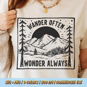 Wander Often Wonder Always PNG SVG - Retro Mountain Graphic Digital Adventure Aesthetic Hiking Sublimation Nature Outdoors Wanderlust Quote