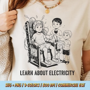 May include: Beige t-shirt with a black and white illustration of three children. One child is seated in a chair with wires and lightning bolts above their head. The text "LEARN ABOUT ELECTRICITY" is below the illustration.