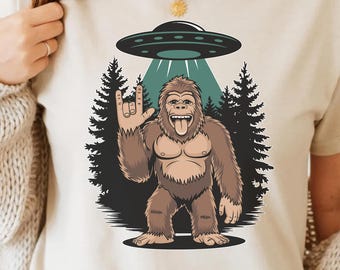 Bigfoot And UFO PNG - Funny Alien Encounter Digital Design, Rock On Sasquatch Sublimation Graphic, Sasquatch Art, UFO Alien, T-Shirt Design