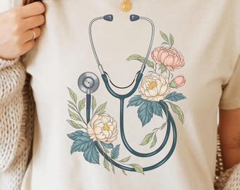 Nurse Floral Stethoscope Design - RN Registered Medical Field Trendy Art PNG For T-Shirt Mugs Stickers Gift Instant Digital Download For POD
