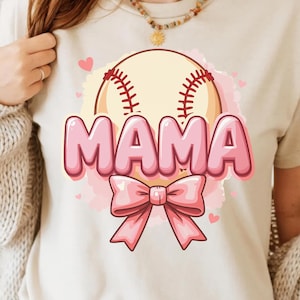 MAMA PNG - Béisbol rosa, diseño de mamá adorable, lazo, deportes femeninos, arte de camisetas, sublimación, clipart, diseño de camisetas, vibras de softbol, orgullo maternal