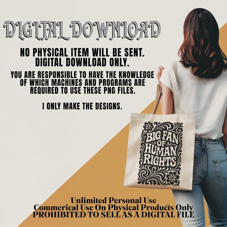 Puede incluir: Una bolsa de mano beige con el texto "BIG FAN OF HUMAN RIGHTS" en fuente decorativa negra. La bolsa la lleva una persona. La imagen tambi&eacute;n contiene el texto "DESCARGA DIGITAL" e informaci&oacute;n de uso.