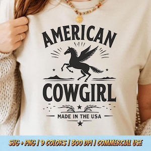 American Cowgirl SVG PNG - Flying Horse USA Cowgirl Quote Digital Western Sublimation Patriotic Design Country Retro Aesthetic Rodeo Clipart