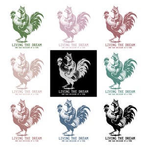 May include: A collection of rooster and raccoon illustrations in various colors, including green, pink, and blue. Each design features a raccoon riding a rooster with the text "LIVING THE DREAM, ONE BAD DECISION AT A TIME."