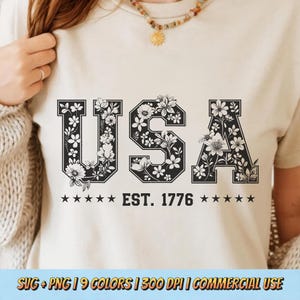 Diseño de camiseta floral de EE. UU. PNG SVG - Est. 1776 Gráfico patriótico vintage 4 de julio Estética Sublimación Retro Verano Arte de camiseta digital