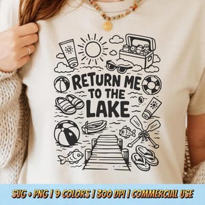 May include: Beige t-shirt with a black graphic design featuring the text "RETURN ME TO THE LAKE." The design includes a sun, sunglasses, beach ball, sandals, a boat, fish, and a pier. The shirt also has a necklace.
