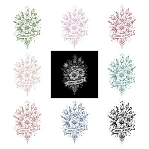 May include: A collection of nine floral illustrations with the text "CHINGA LA MIGRA" on a banner. The designs feature detailed line art of flowers and buds in various colors, including green, pink, and blue, set against a white or black background.