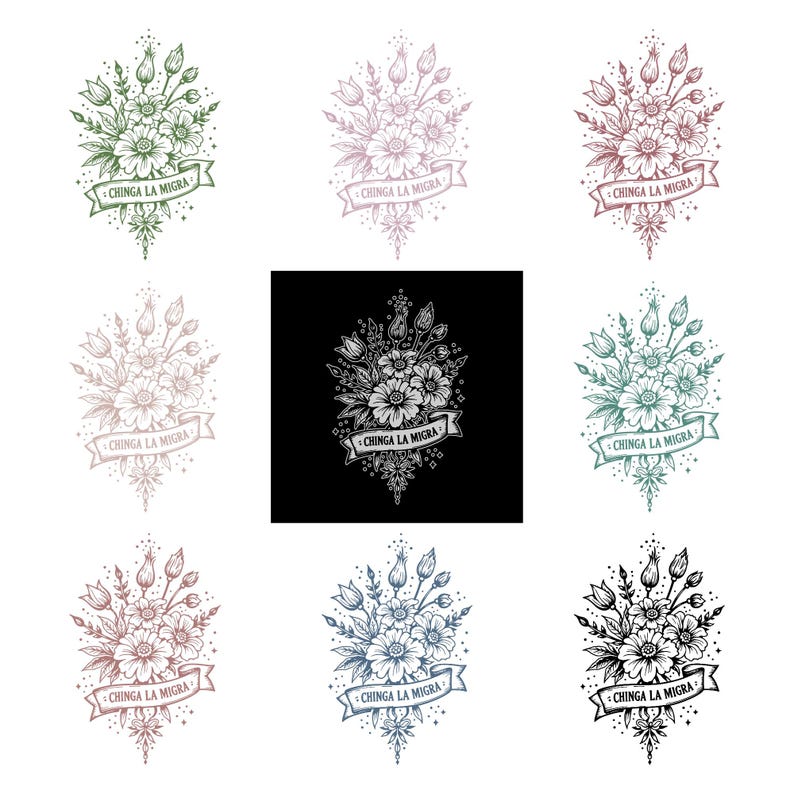 May include: A collection of nine floral illustrations with the text "CHINGA LA MIGRA" on a banner. The designs feature detailed line art of flowers and buds in various colors, including green, pink, and blue, set against a white or black background.