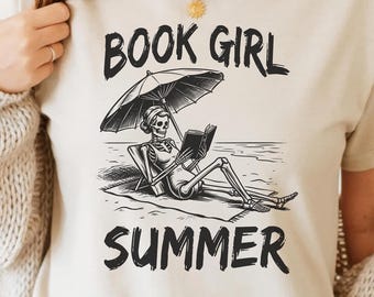 Buch Mädchen Sommer PNG SVG - Skelett Lese Strand Lustig sarkastischer Buch Liebhaber Humor Retro Vintage Sublimation Grafik T-Shirt Design